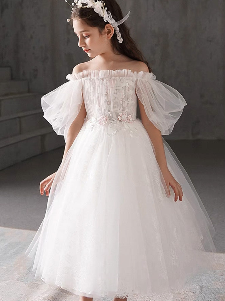 Puff Sleeves Tulle Tea Length White Flower Girl Dress