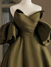 A-Line Puff Sleeves Olive Green Satin Short Prom Dress, Olive Green Homecoming Dress