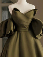 olive green dress homecoming A-Line Puff Sleeves Olive Green Satin Short Prom Dress, Olive Green Ho – shopluu