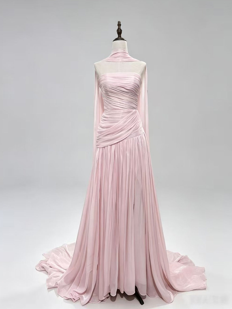 Pink A-line Silk Sweep Train Long Prom Dress, Pink Formal Dress