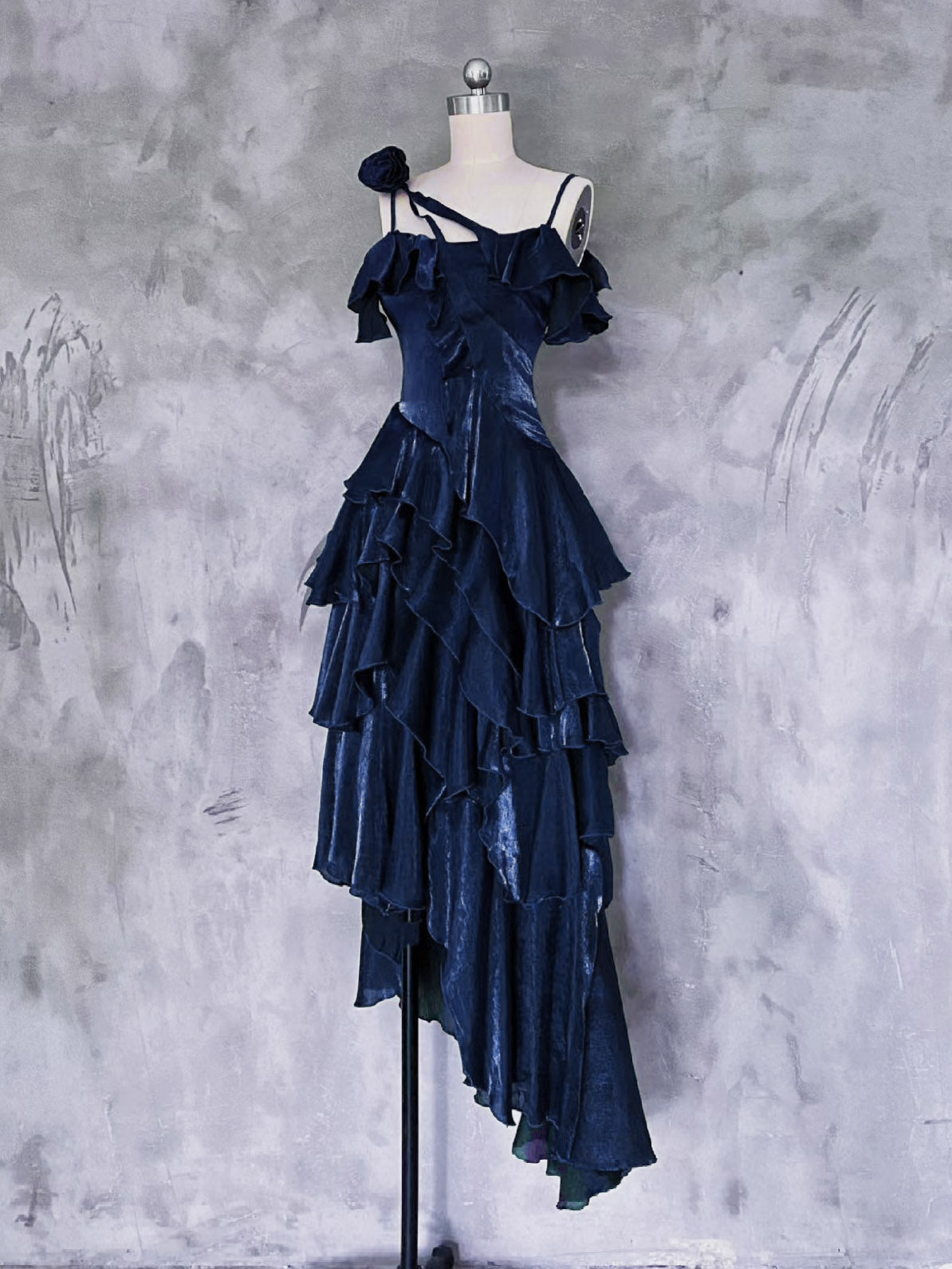 A-line Off Shoulder Silk Ruffles Dark Blue Prom Dress, Dark Blue Party Dress