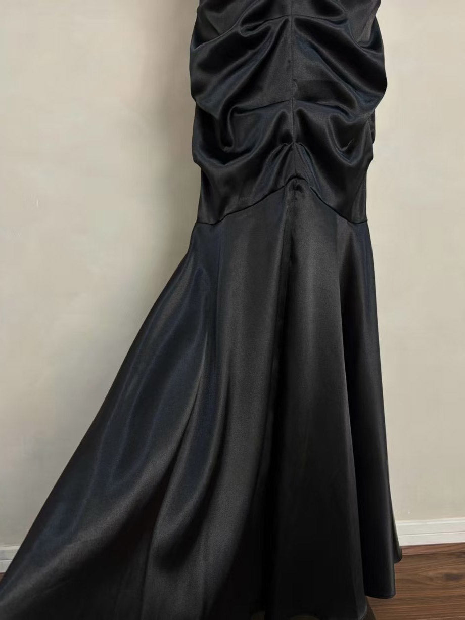 Unique Mermaid Sweetheart Satin Black Long Prom Dress, Black Party Dress