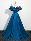 A-Line Off Shoulder Satin Blue Long Prom Dress, Blue Long Formal Dress