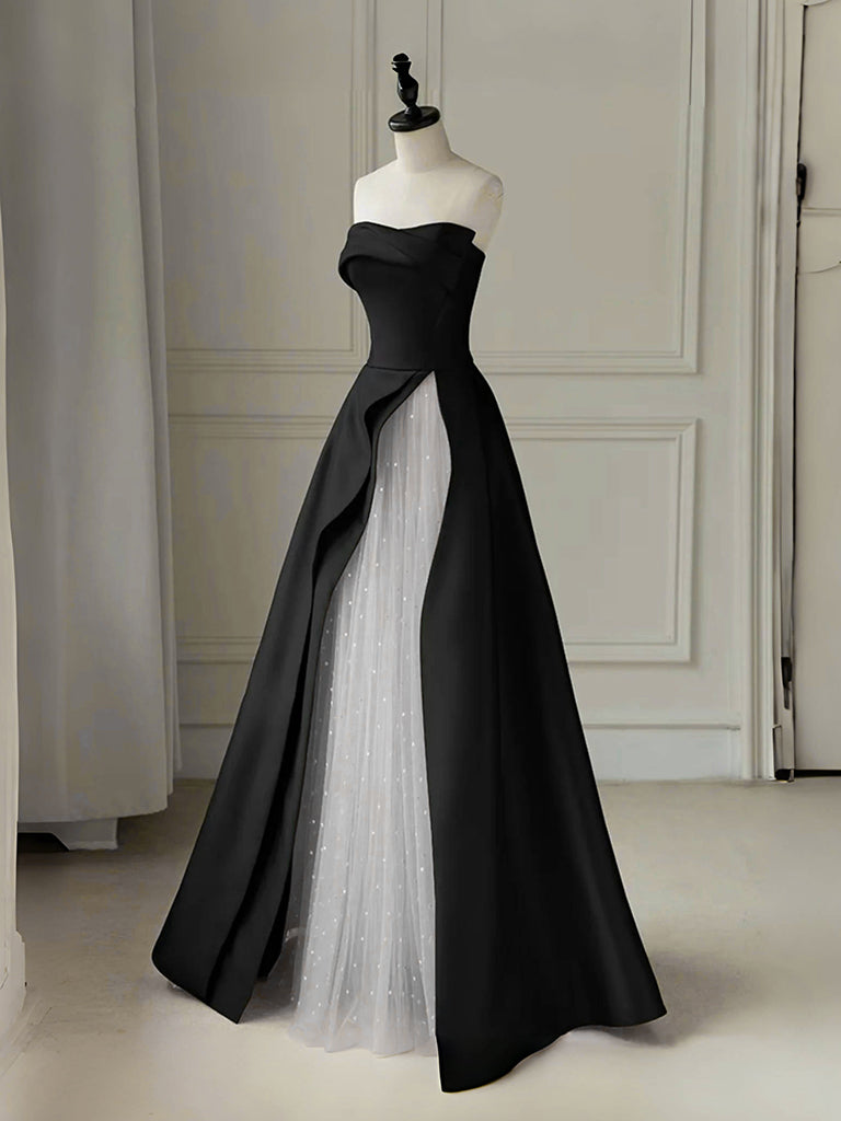 A-Line Floor Length Printed Satin Black Prom Dress – shopluu