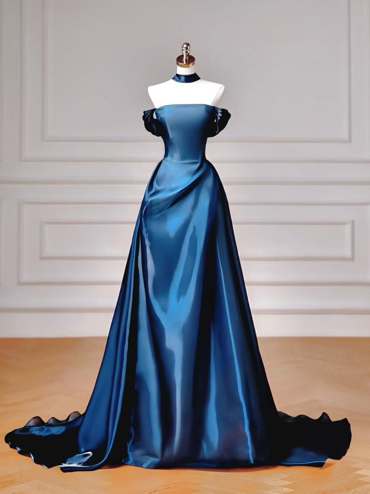 A-line Off Shoulder Sweep Train Blue Long Prom Dress Blue Party Dress