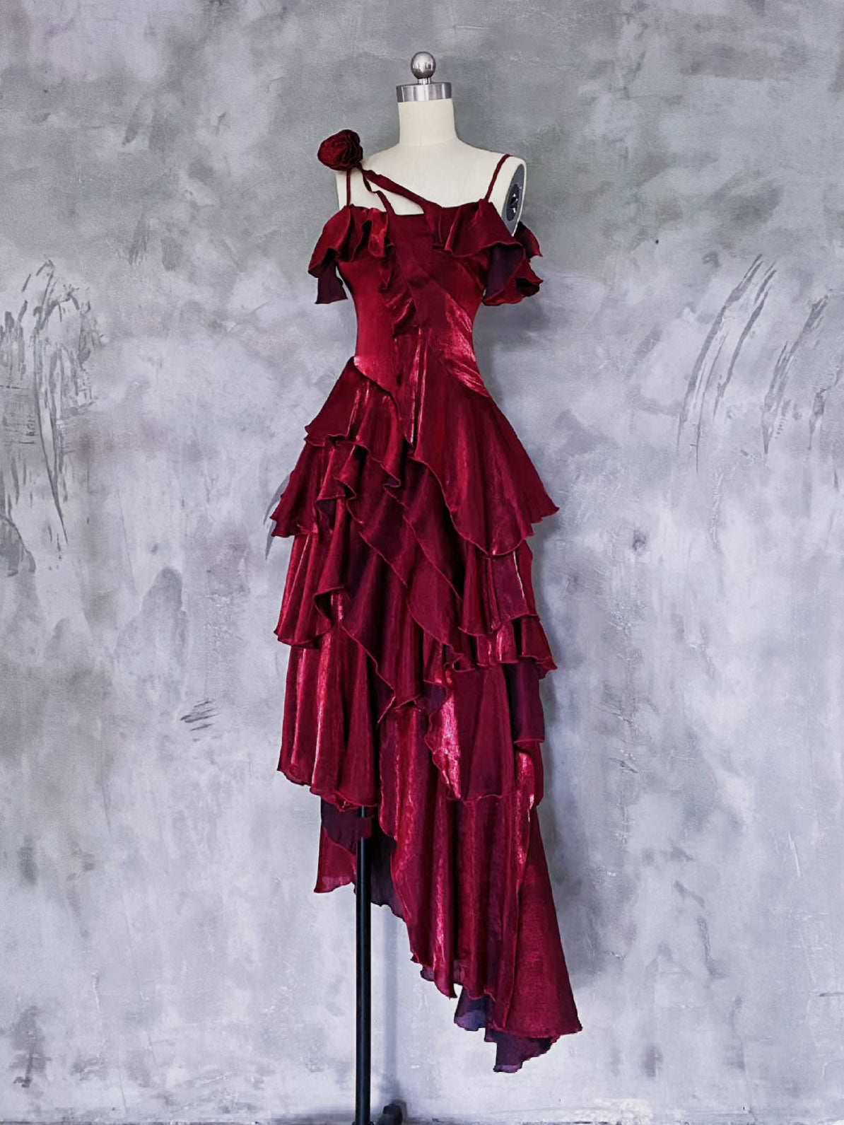 A-line Off Shoulder Silk Ruffles Burgundy Prom Dress, Burgundy Party Dress