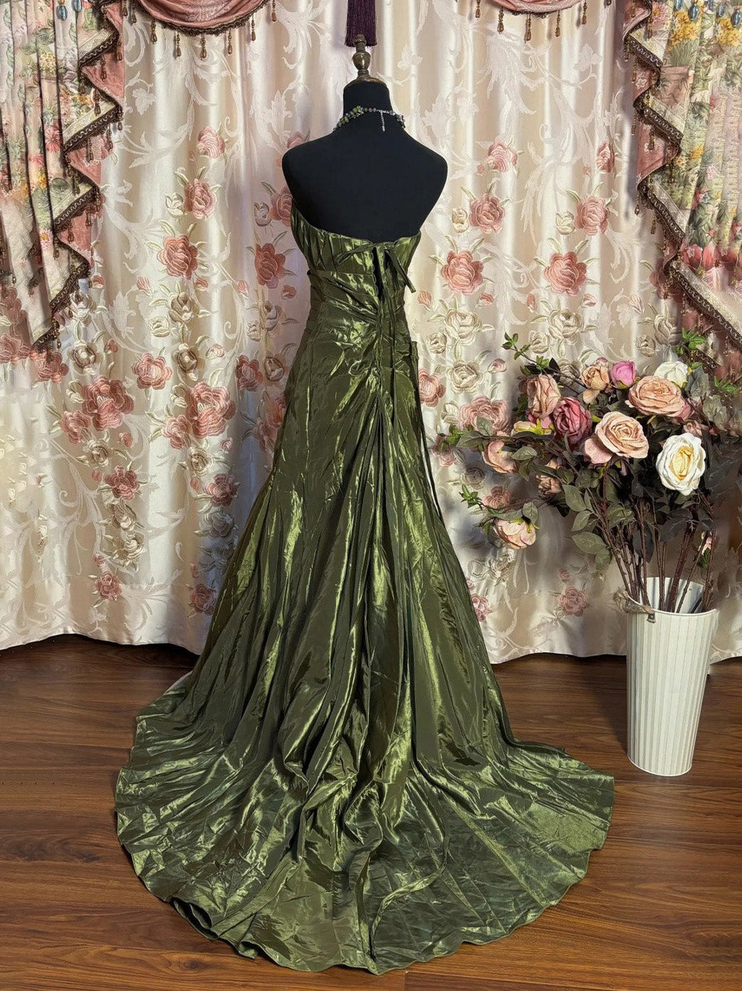 A-Line Sweep Train Taffeta Green Long Prom Dress, Green Party Dress