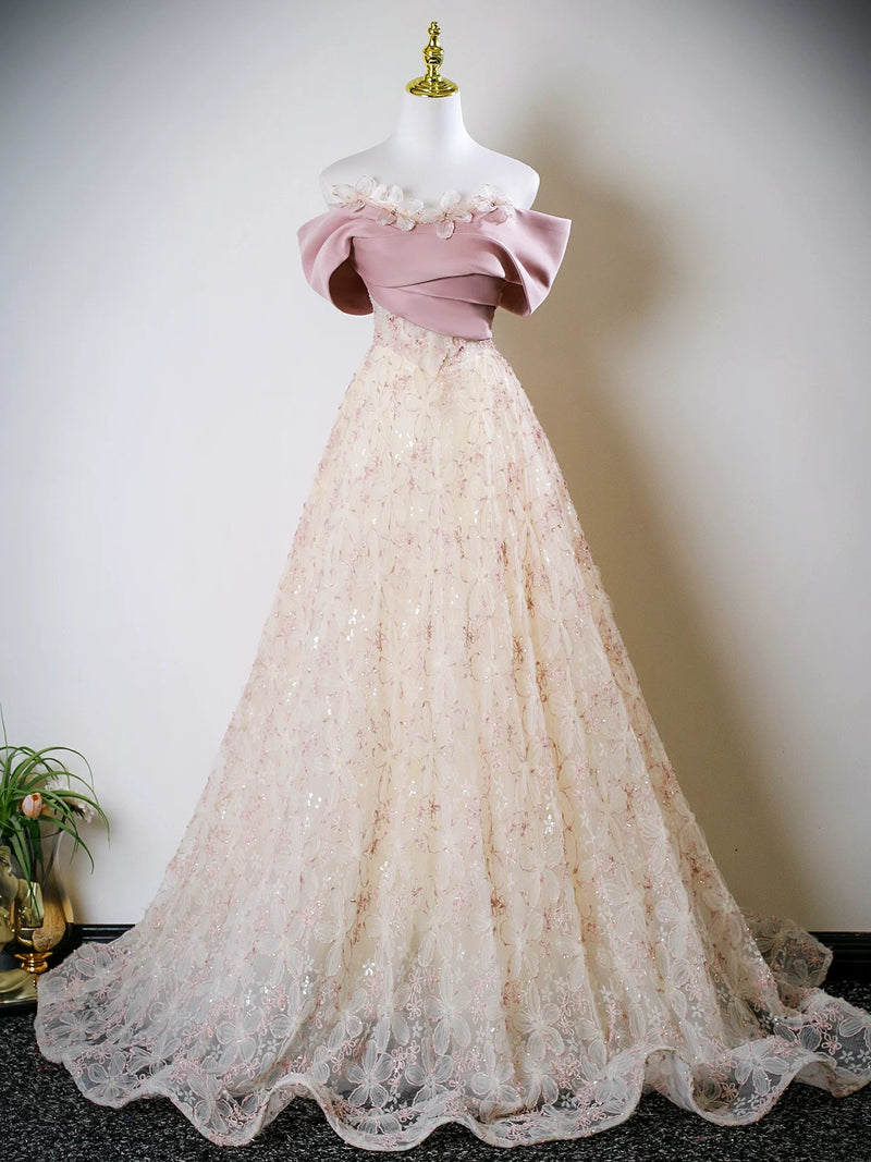 A-Line Off Shoulder Tulle Lace Champagne Long Prom Dress