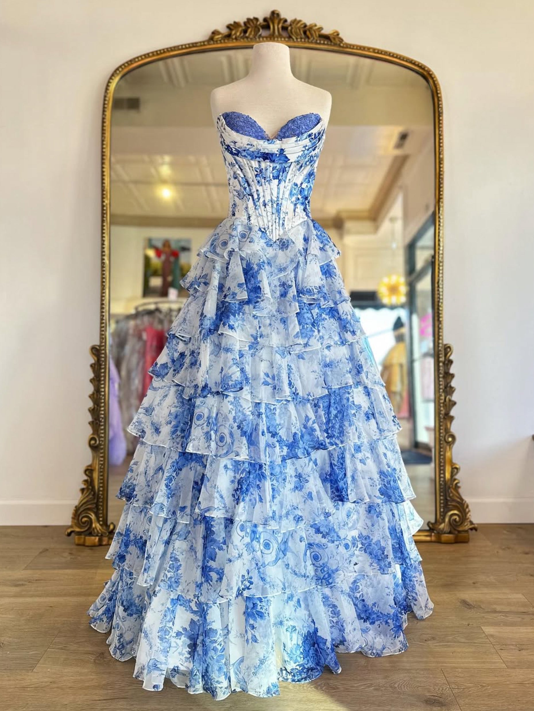 A-line Sweetheart Neck Printed Chiffon Blue Long Prom Dress with Lace – shopluu