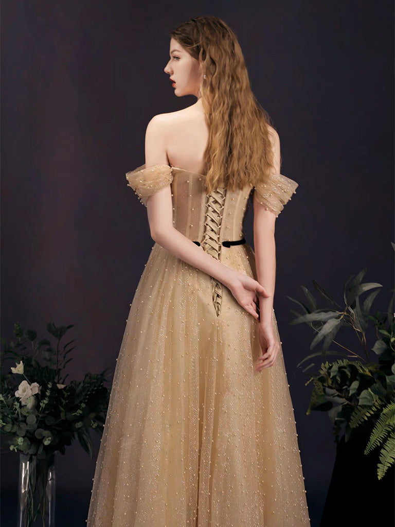 A-Line Sweetheart Neck Champagne Tulle Long Prom Dress. Champagne Formal Dress US 14 / Champagne A-Line Sweetheart Neck Champagne Tulle Long Prom Dress. Champagne Formal Dress US 14 / Champagne