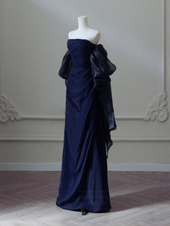 A-Line Satin Dark Blue Long Prom Dress, Dark Blue Long Evening Dress