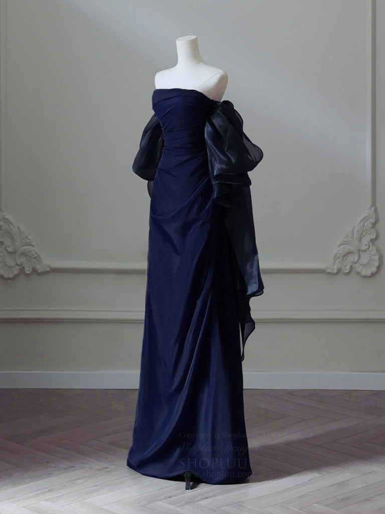 A-Line Satin Dark Blue Long Prom Dress, Dark Blue Long Evening Dress