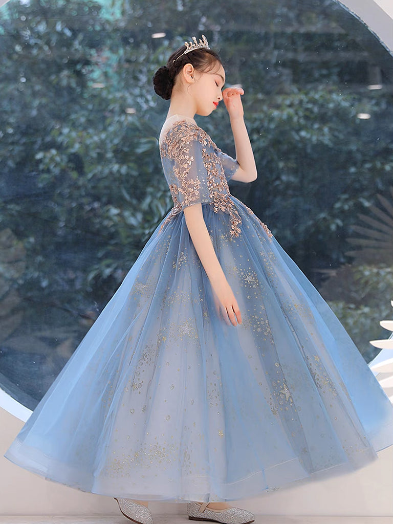 Blue Round Neck Tulle Sequin Lace Flower Girl Dress, Cute Blue Flower Girl Dress 7 / Blue Blue Round Neck Tulle Sequin Lace Flower Girl Dress, Cute Blue Flower Girl Dress 7 / Blue