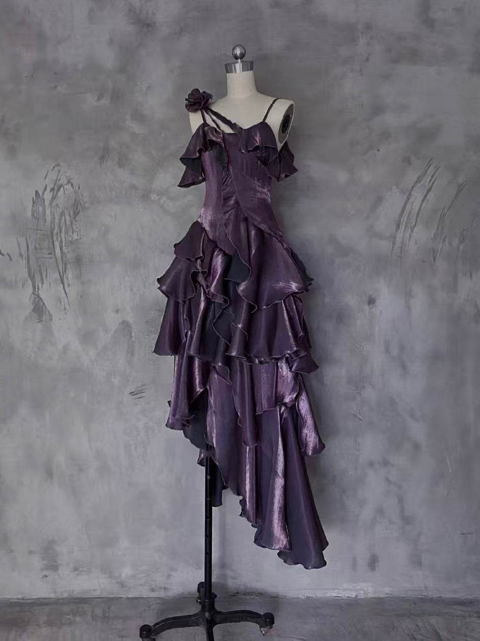A-line Off Shoulder Silk Ruffles Purple Prom Dress, Purple Formal Dress