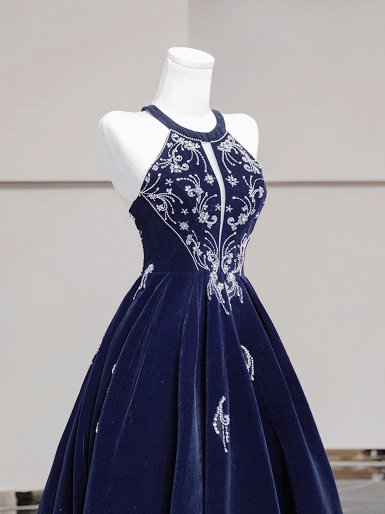 A-Line Velvet Beads Dark Blue Short Prom Dress, Dark Blue Homecoming Dress