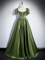 A-Line Satin Green Long Prom Dress, Green Formal Evening Dress