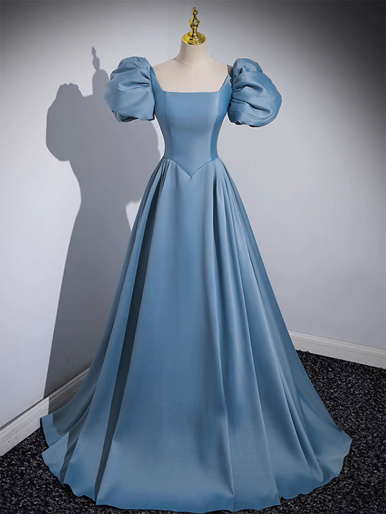 A-Line Puff Sleeves Satin Blue Long Prom Dress, Blue Long Formal Dress – shopluu
