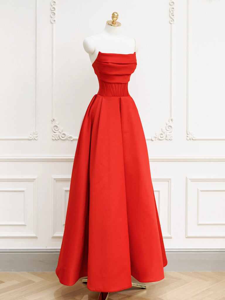 Red A-Line Satin Long Prom Dress, Red Long Formal Dress