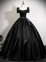 A-Line Puff Sleeves Dark Blue Long Prom Dress, Dark Blue Long Evening Dress