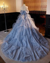 A-Line V Neck Tulle Lace Gray Blue Long Prom Dress, Blue Long Sweet 16 Dress