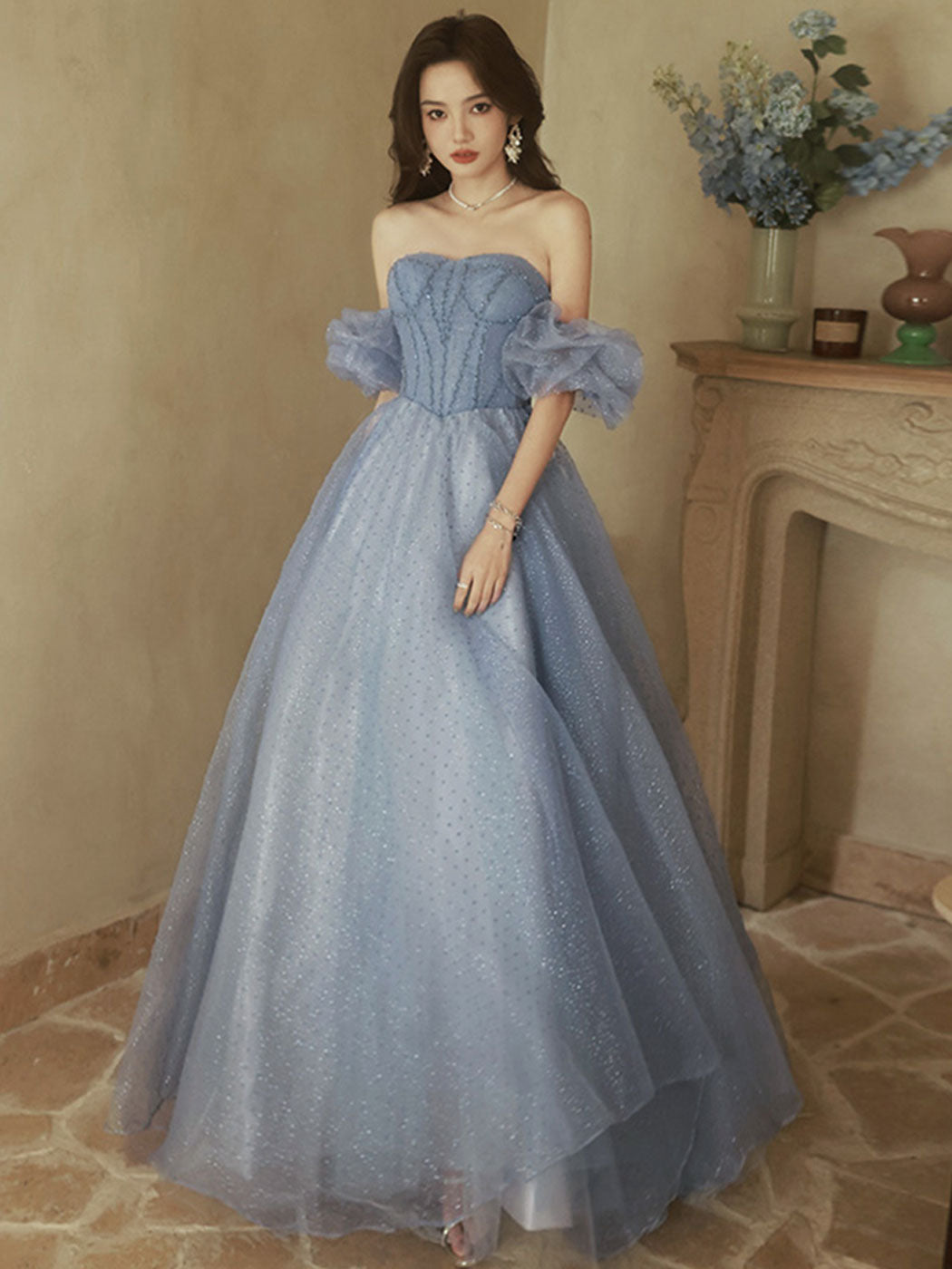 A-Line Sweetheart Neck Tulle Gray Blue Long Prom Dress, Gray Blue Form