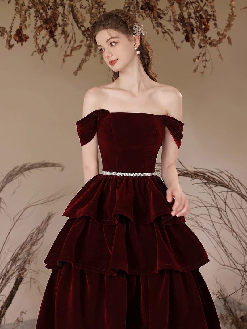 A-Line Off Shoulder Velvet Burgundy Long Prom Dress, Burgundy Long For – shopluu