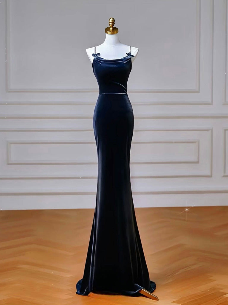 Simple Mermaid Velvet Dark Blue Long Prom Dress, Dark Blue Long Formal – shopluu