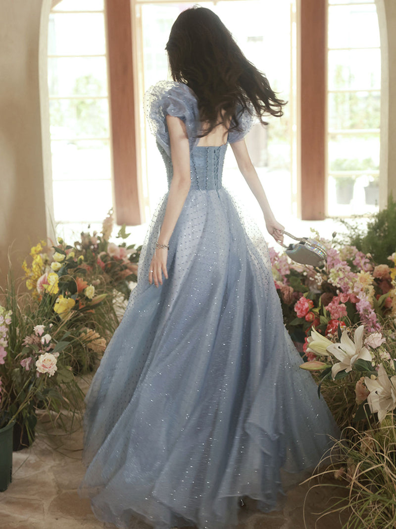 A-Line Sweetheart Neck Tulle Gray Blue Long Prom Dress, Gray Blue Formal Dress