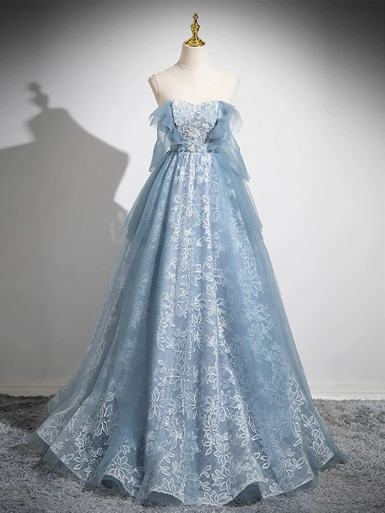 A-Line Sweetheart Neck Tulle Lace Gray Blue Long Prom Dress, Gray Blue Evening Dress