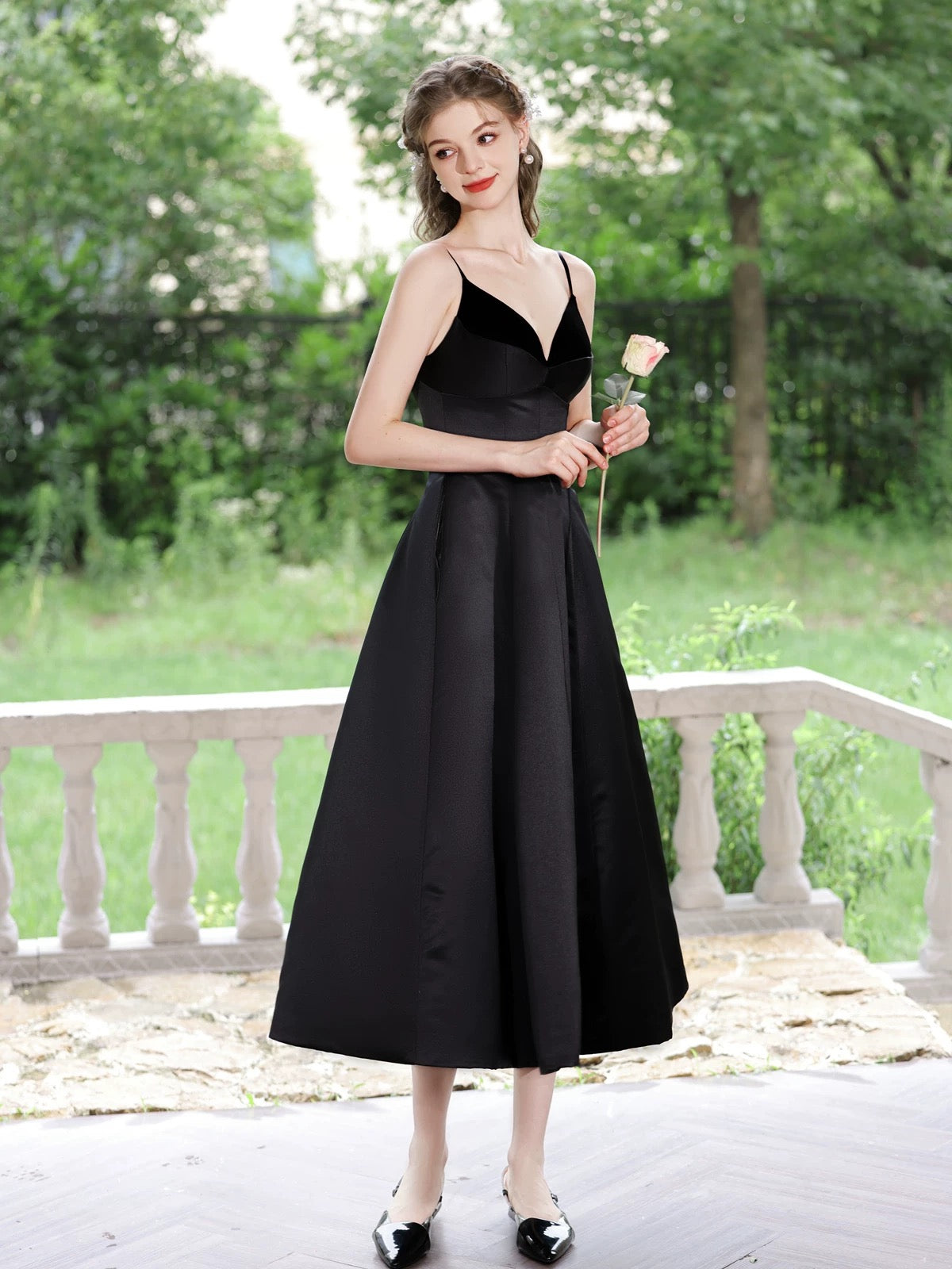 Simple V Neck Satin Tea Length Black Prom Dress, Black Formal Dress US 4 / Custom Color Simple V Neck Satin Tea Length Black Prom Dress, Black Formal Dress US 4 / Custom Color