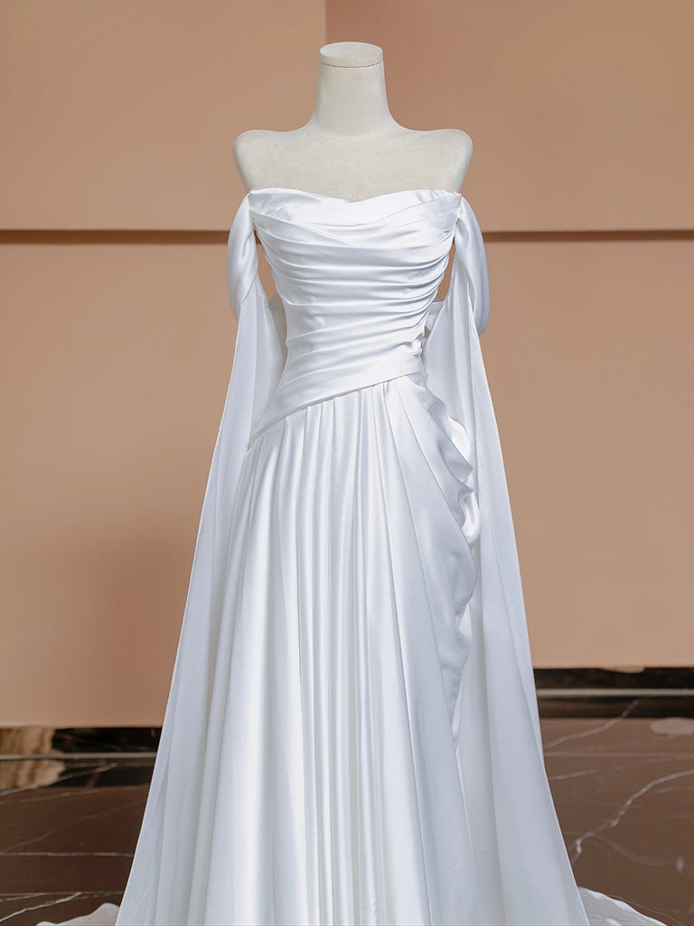A-Line White Satin Long Prom Dress, White Long Formal Dress