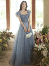 A-Line Sweetheart Neck Tulle Gray Blue Long Prom Dress, Gray Blue Formal Dress