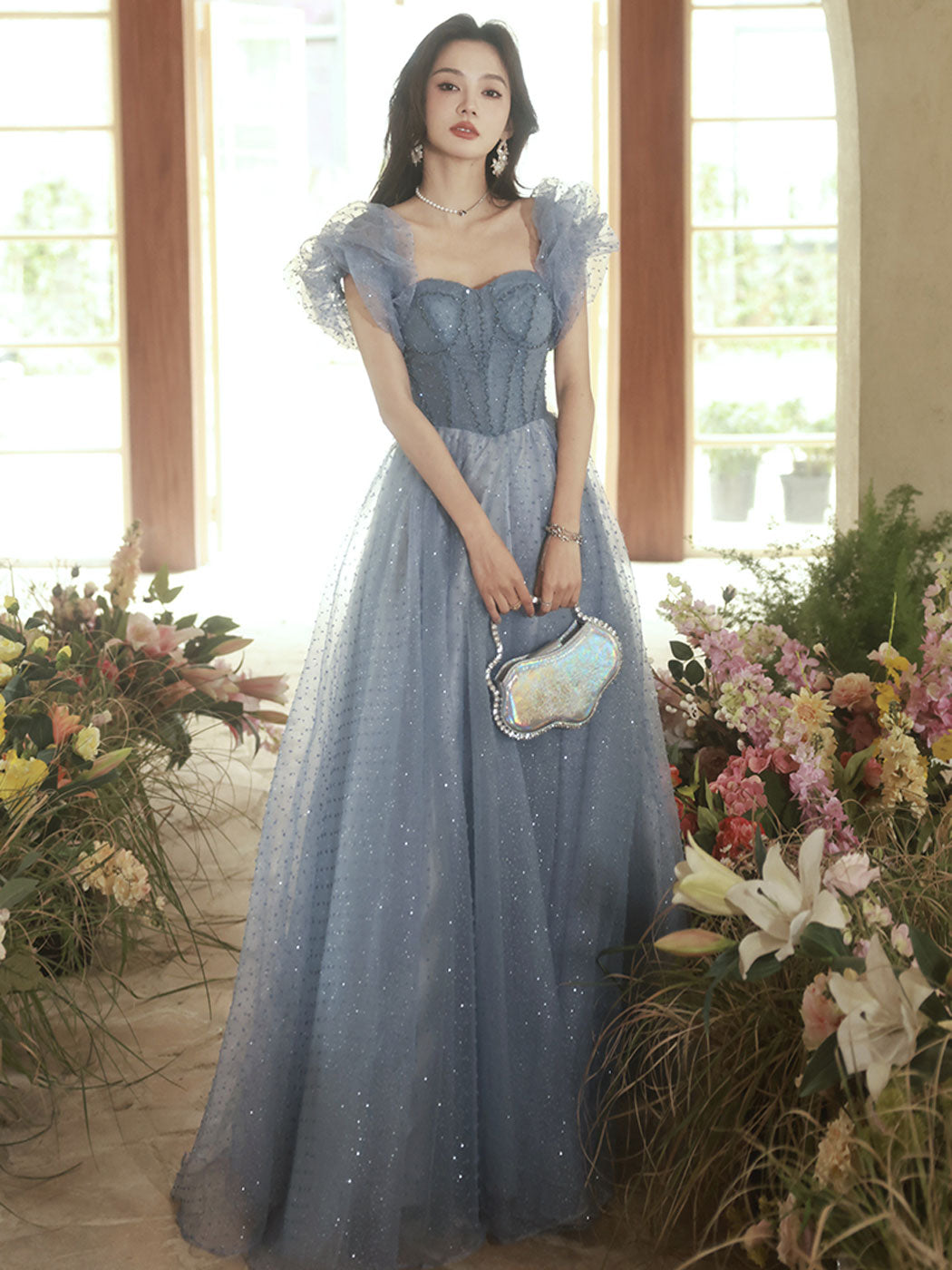 shopluu Gray Blue V Neck Tulle Sequin Long Prom Dress, Blue Formal Graduation Dresses US 2 / Custom Color