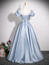 A-Line Puff Sleeves Satin Blue Long Prom Dress, Blue Long Formal Dress