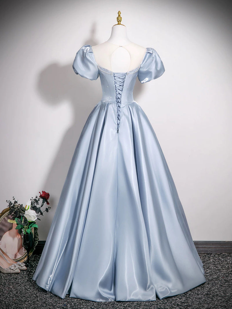 A-Line Puff Sleeves Satin Blue Long Prom Dress, Blue Long Formal Dress
