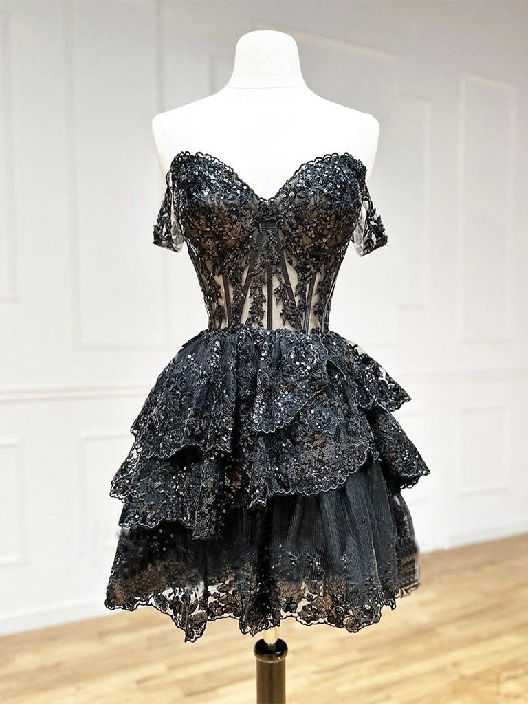 Black A-Line Sequin Tulle Short Prom Dress, Black Homecoming Dress