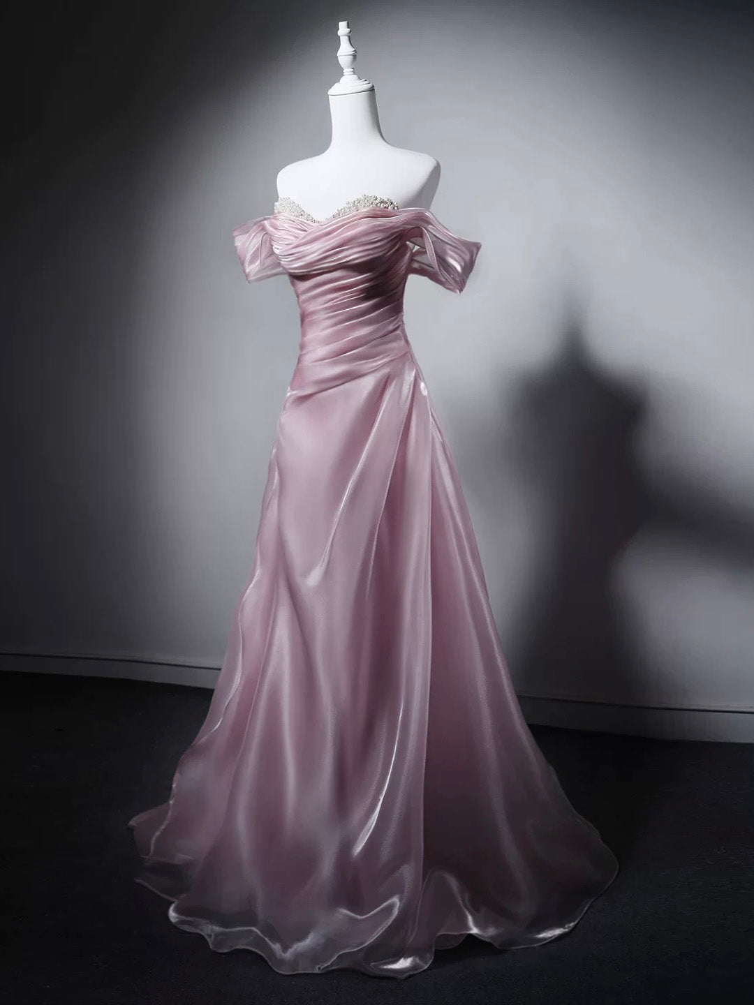 A-line Sweetheart Neck Off Shoulder Pink Long Prom Dress with Beads