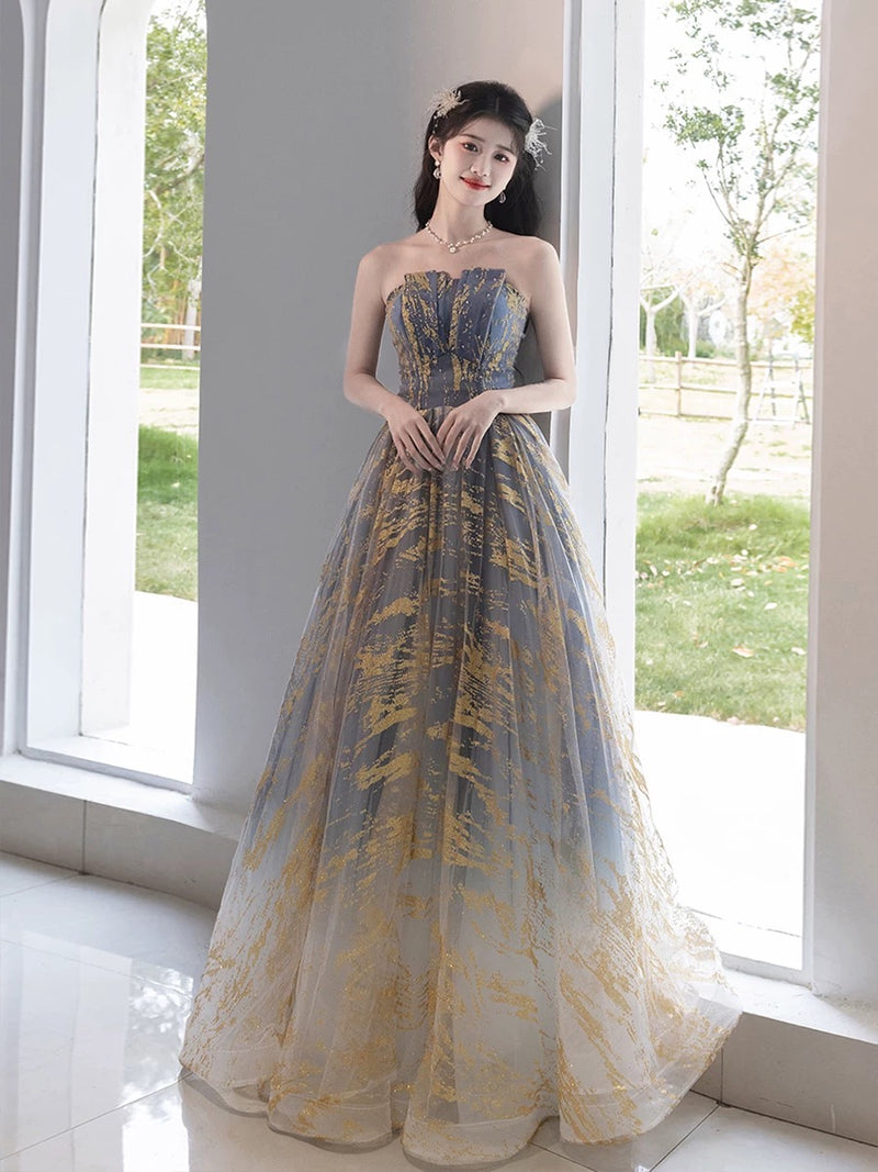 A-Line Tulle Gold/Blue Long Prom Dress, Blue Formal Evening Dress