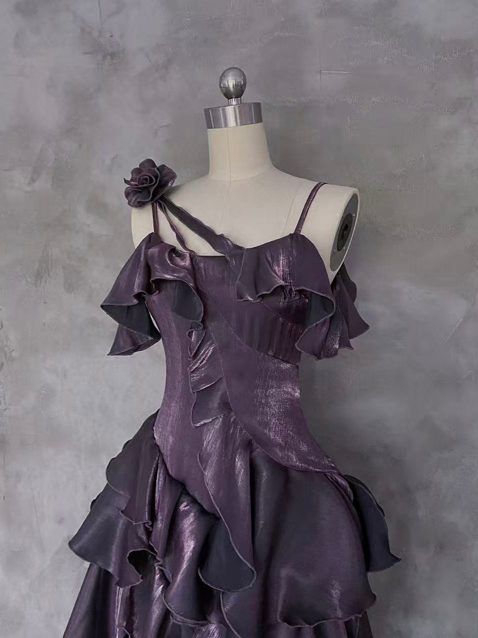 A-line Off Shoulder Silk Ruffles Purple Prom Dress, Purple Formal Dress