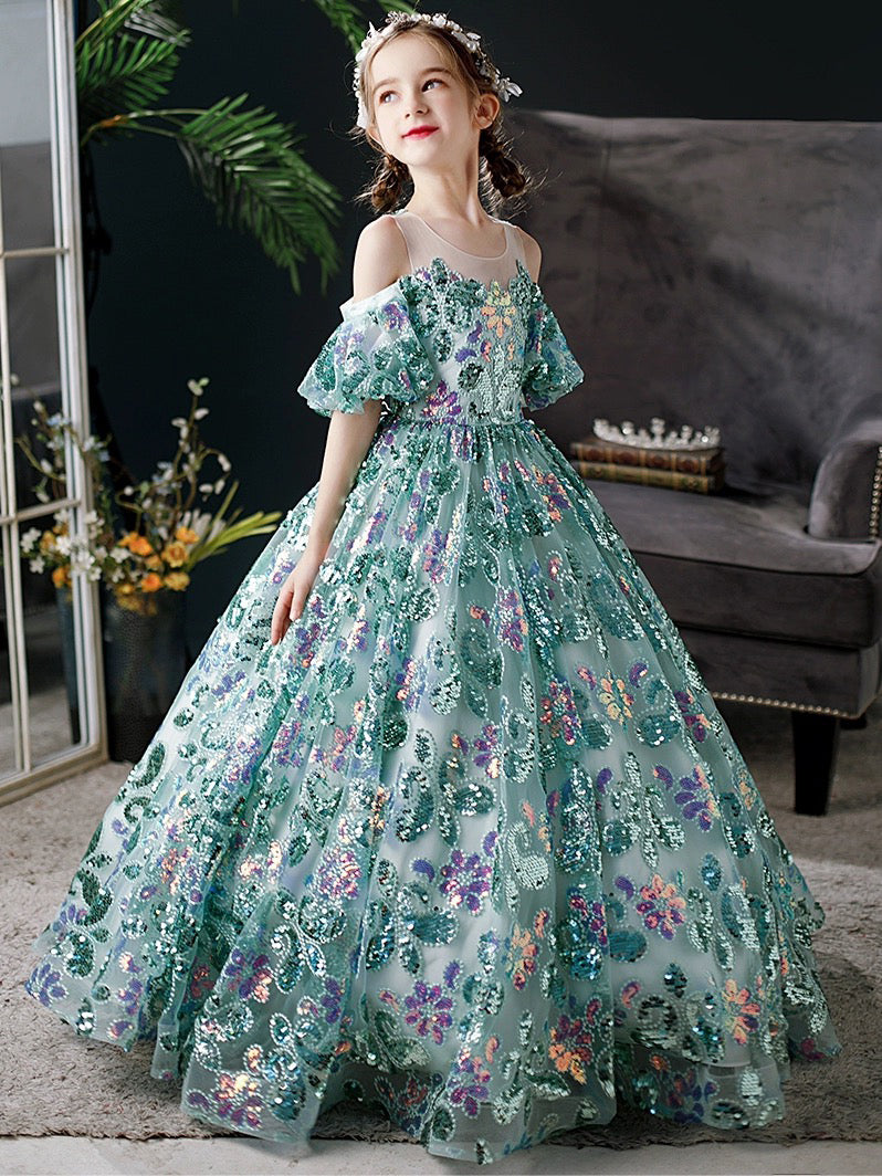 A-Line Scoop Neckline Sequin Lace Tulle Green Long Flower Girl Dress