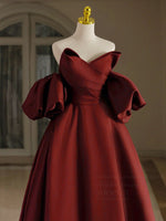 A-Line V Neck Satin Burgundy Long Prom Dress, Burgundy Long Formal Dress