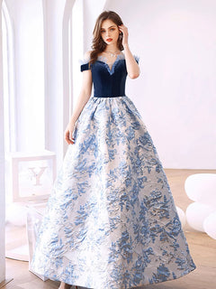 Blue Satin Velvet Long Prom Dress, Blue Long Evening Dress
