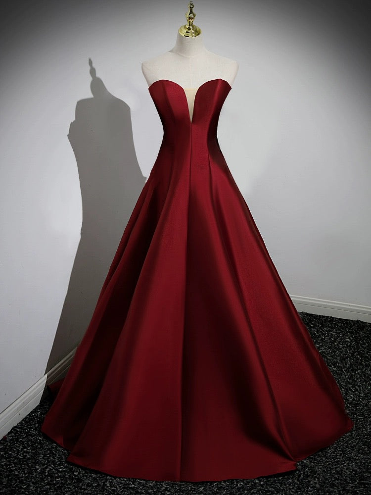 Burgundy Strapless Satin Long Prom Dress, Off the Shoulder Evening Party Dress US 16 / Burgundy Burgundy Strapless Satin Long Prom Dress, Off the Shoulder Evening Party Dress US 16 / Burgundy