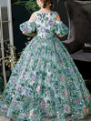 A-Line Scoop Neckline Sequin Lace Tulle Green Long Flower Girl Dress