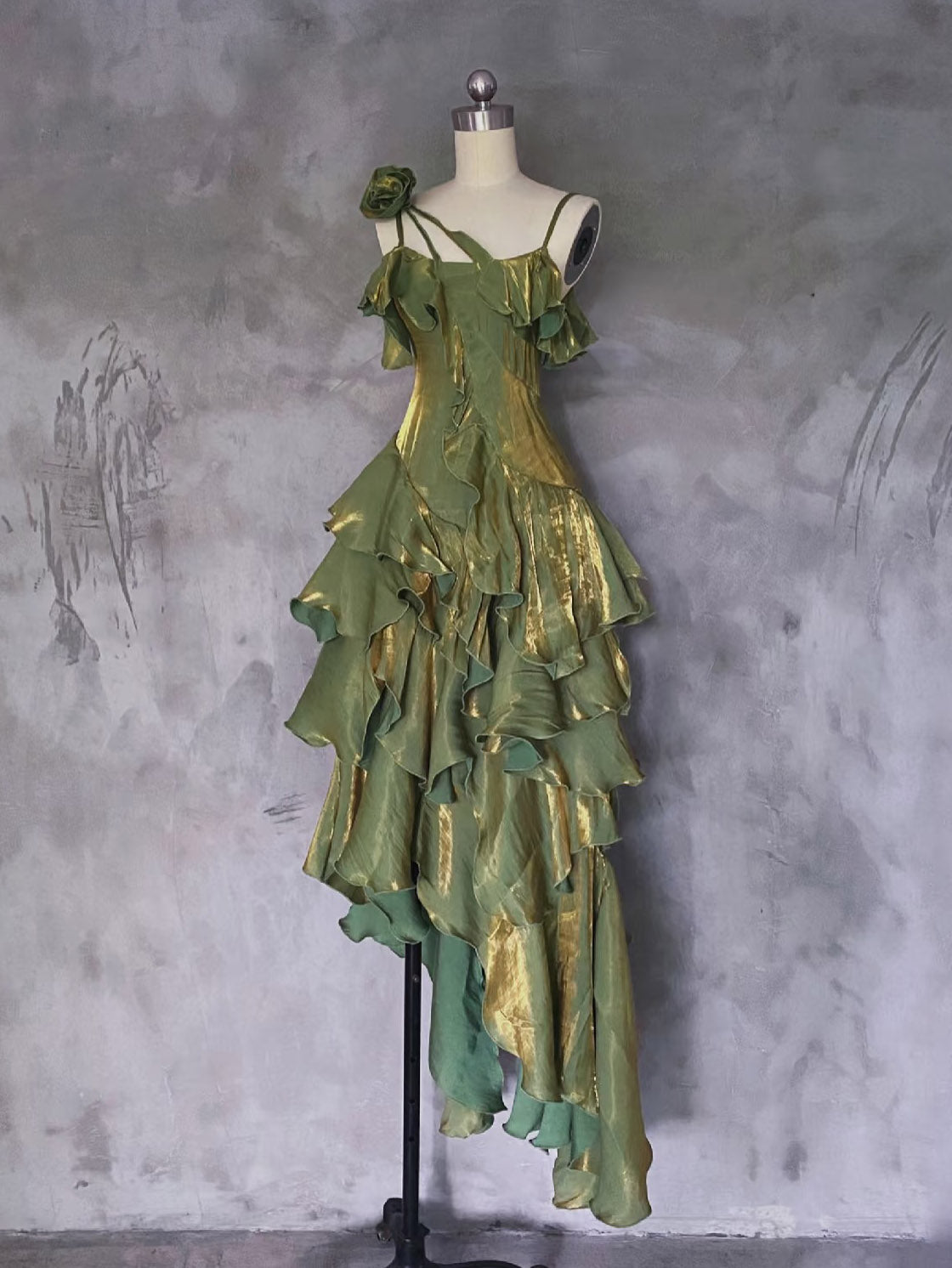 A-line Off Shoulder Silk Ruffles Green Prom Dress, Green Party Dress