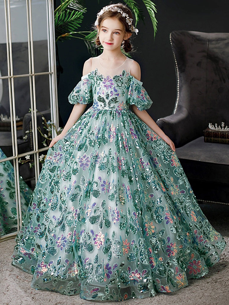 A-Line Scoop Neckline Sequin Lace Tulle Green Long Flower Girl Dress