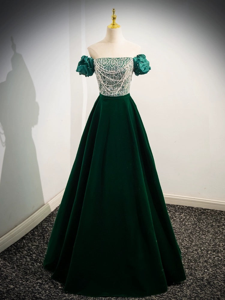 A-Line Velvet Sequin Beads Green Long Prom Dress, Velvet Green Long Formal Dress