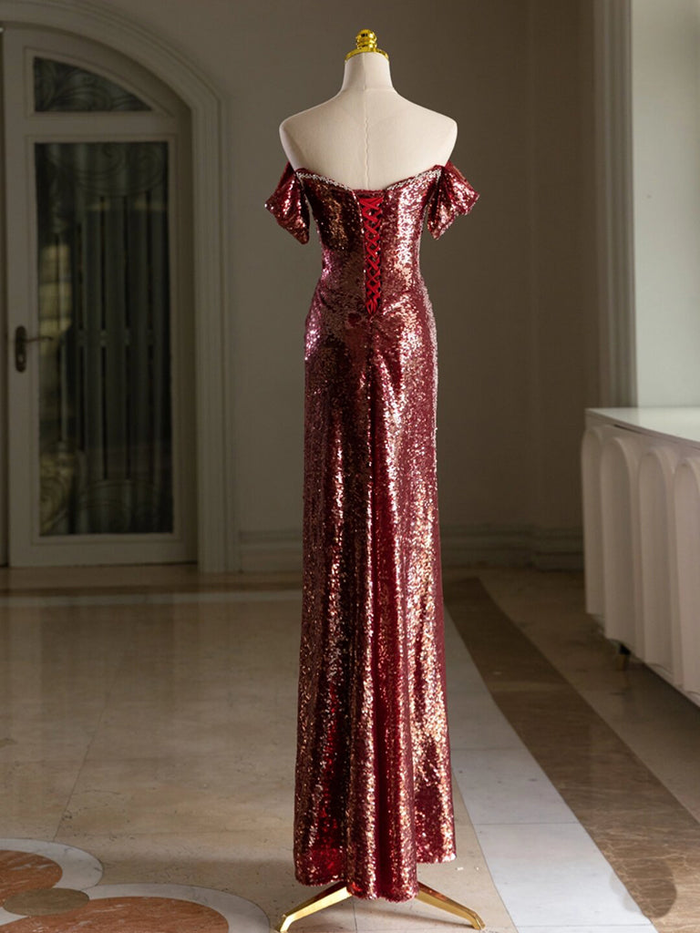 Simple Off Shoulder Sequin Burgundy Long Prom Dress, Burgundy Long Evening Dress