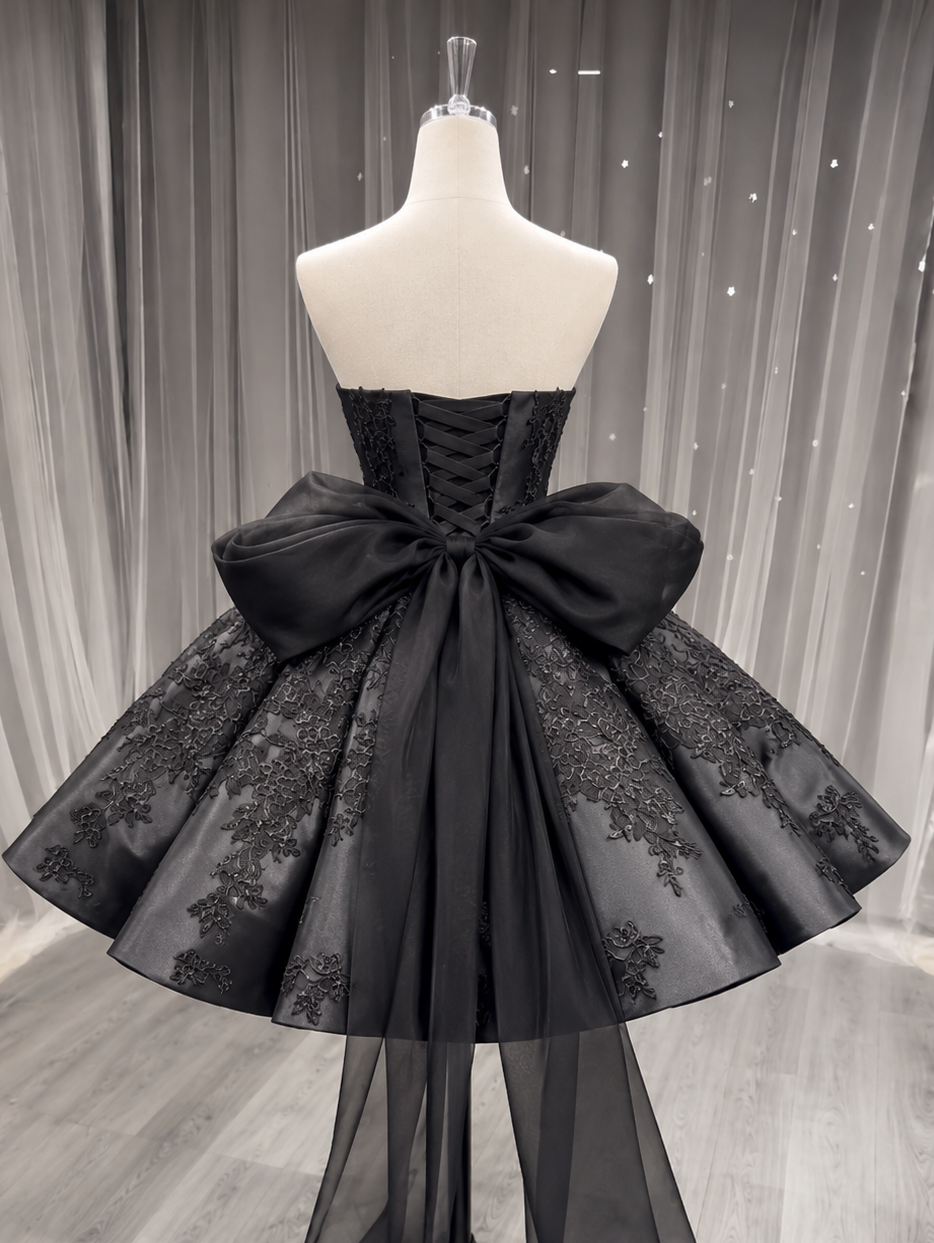 Strapless Black Satin Lace Appliques A-Line Short Prom Dress with Bows