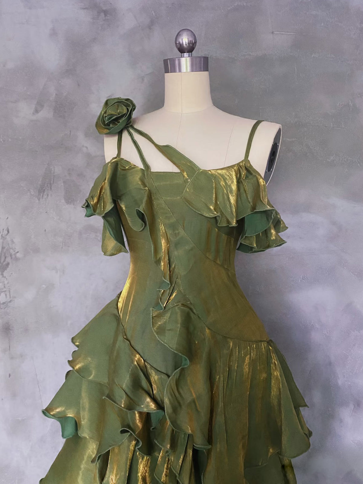 A-line Off Shoulder Silk Ruffles Green Prom Dress, Green Party Dress